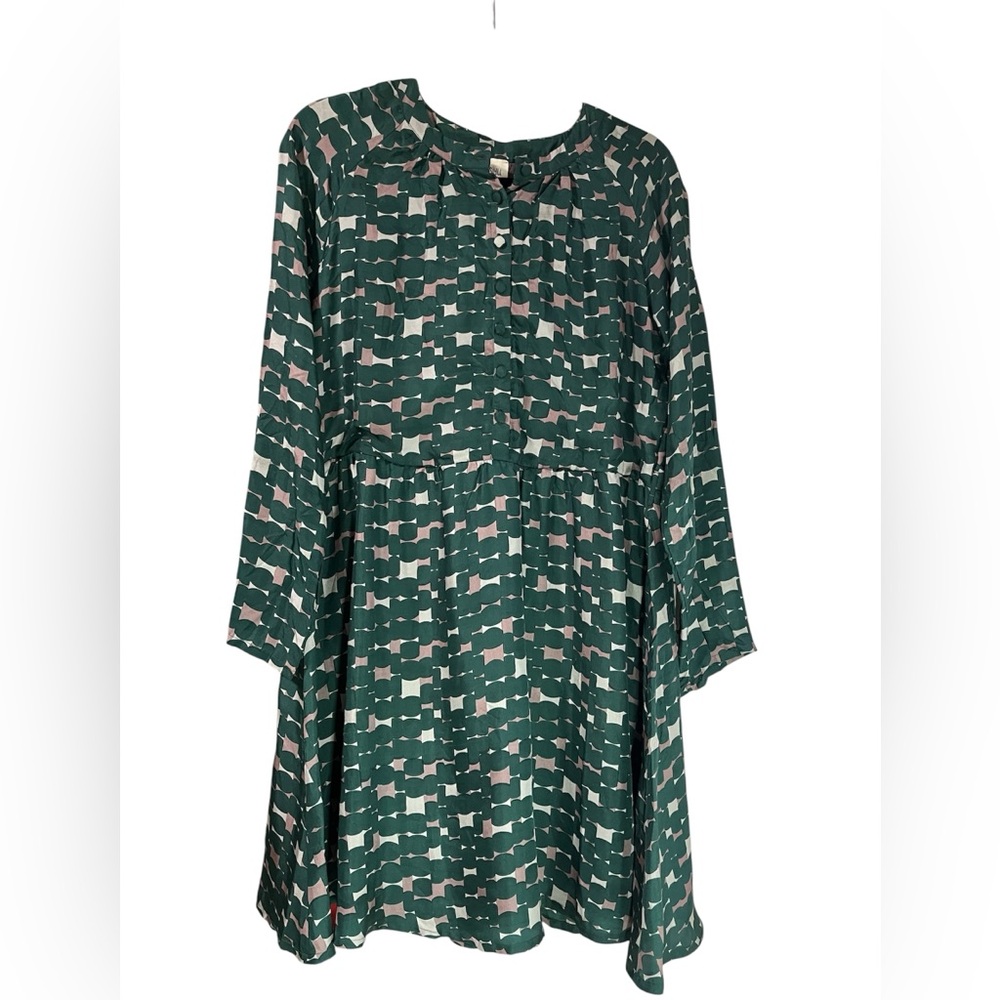 SIYU Green 100% Silk Dress Green Grey Print Long Sleeve Mini Lined Size 40 US 8